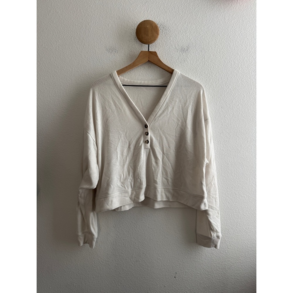 Alo Yoga Women White Henley Sweatshirt V-Neck Long Sleeve Cropped Pullover